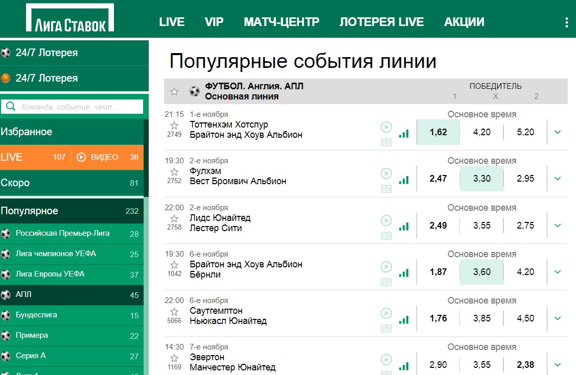 линия ставок на футбол лига ставок